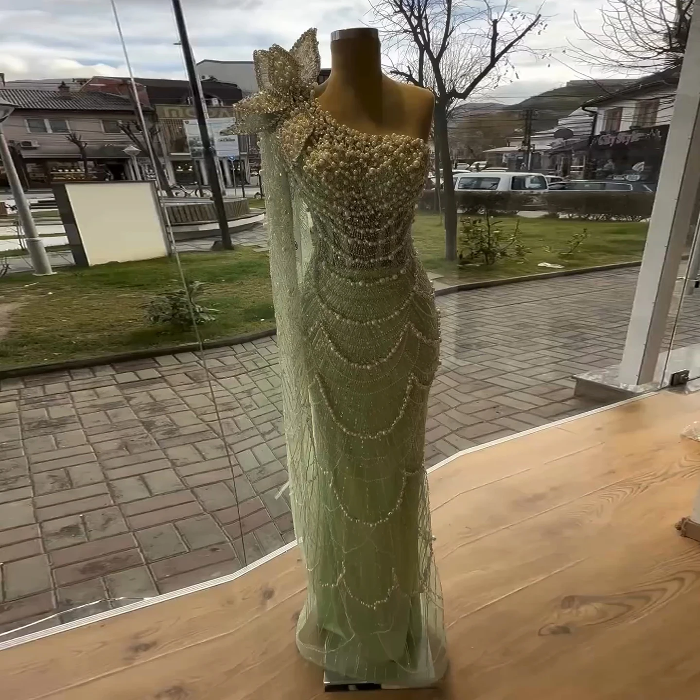 Sharon Said Luxury Sage Green One Shoulder 3D Flower Arabic Evening Dress  Pearl Cape Sleeves Wedding Party Gown SS688 Customized - AliExpress 320