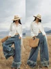 TIYIHAILEY Wide Leg Long Pants For Women Denim Trousers Elastic Waist Casual Tassels Jeans Ladies 2025 New Fashion 3
