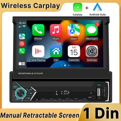 Autoradio Carplay sans fil avec écran rétractable IPS, lecteur de limitation, audio et vidéo universels, Android 10, 1 Din, 7 pouces, 1024x600
