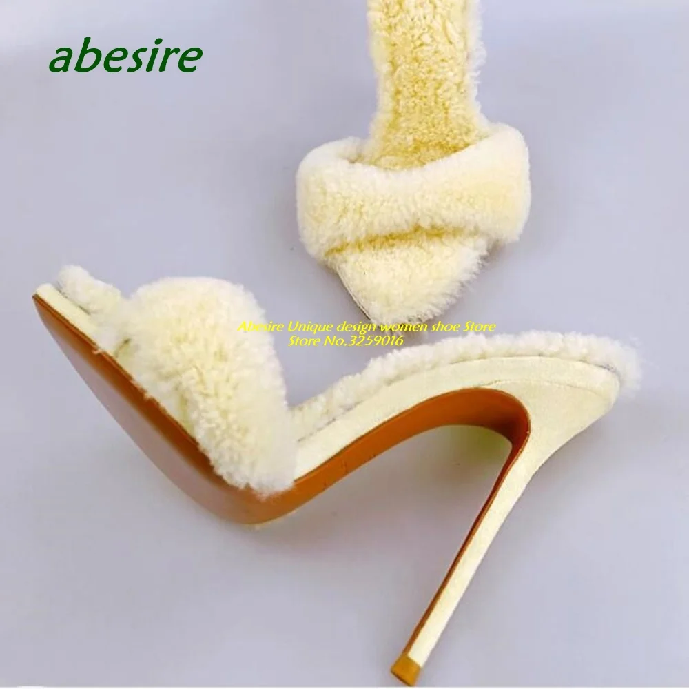 Pink Stiletto Plush Slippers Pointy Toe Thin Heeled Solid Women's Slippers Slip On Sexy Outside 2023 New Arrival Plus Size Shoes