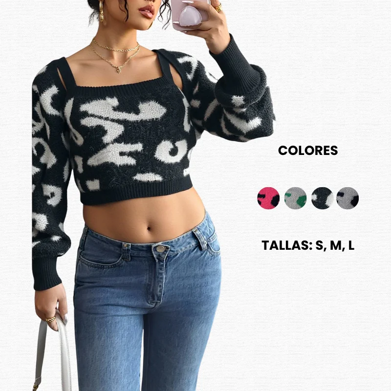 Set de 2 pzs Top de Punto y Cárdigan Animal Print Para Mujer, Suéter con botones Casual Canalé