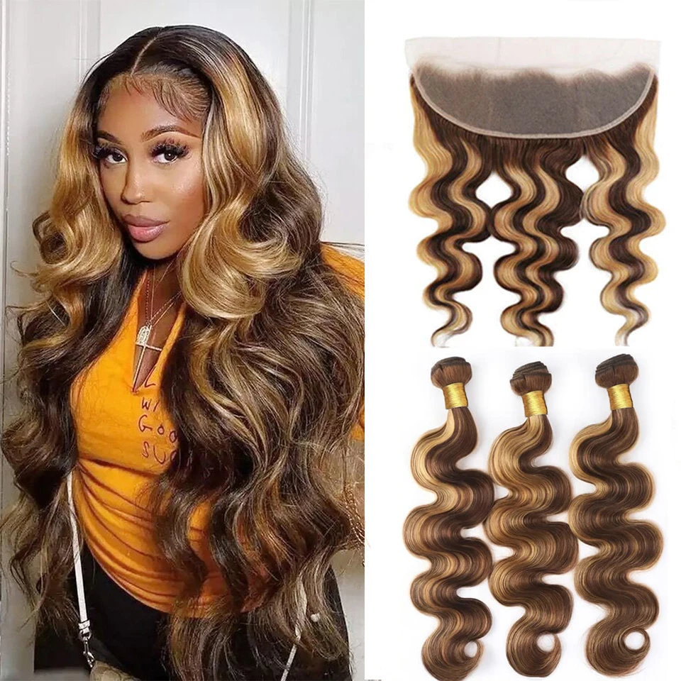 

Body Wave Bundles With Frontal Natural Brazilian Human Hair 3 Bundle with 13x4 Lace Frontal Closure P4-27 Honey Blonde Highlight