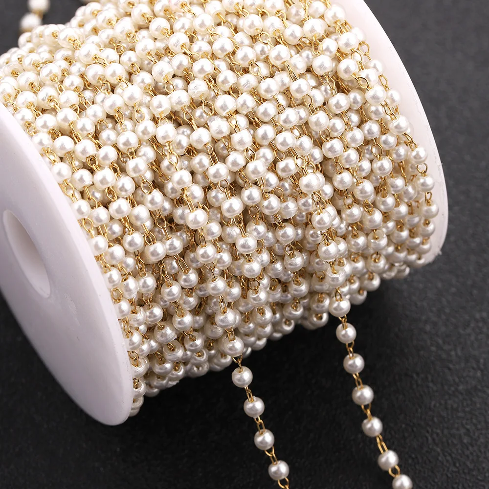 High Quality Stainless Steel Gold Color Dainty Thin Paper Clip Link Bead Roll Trim Imitation Pearl Chain for Jewelry Making DIY