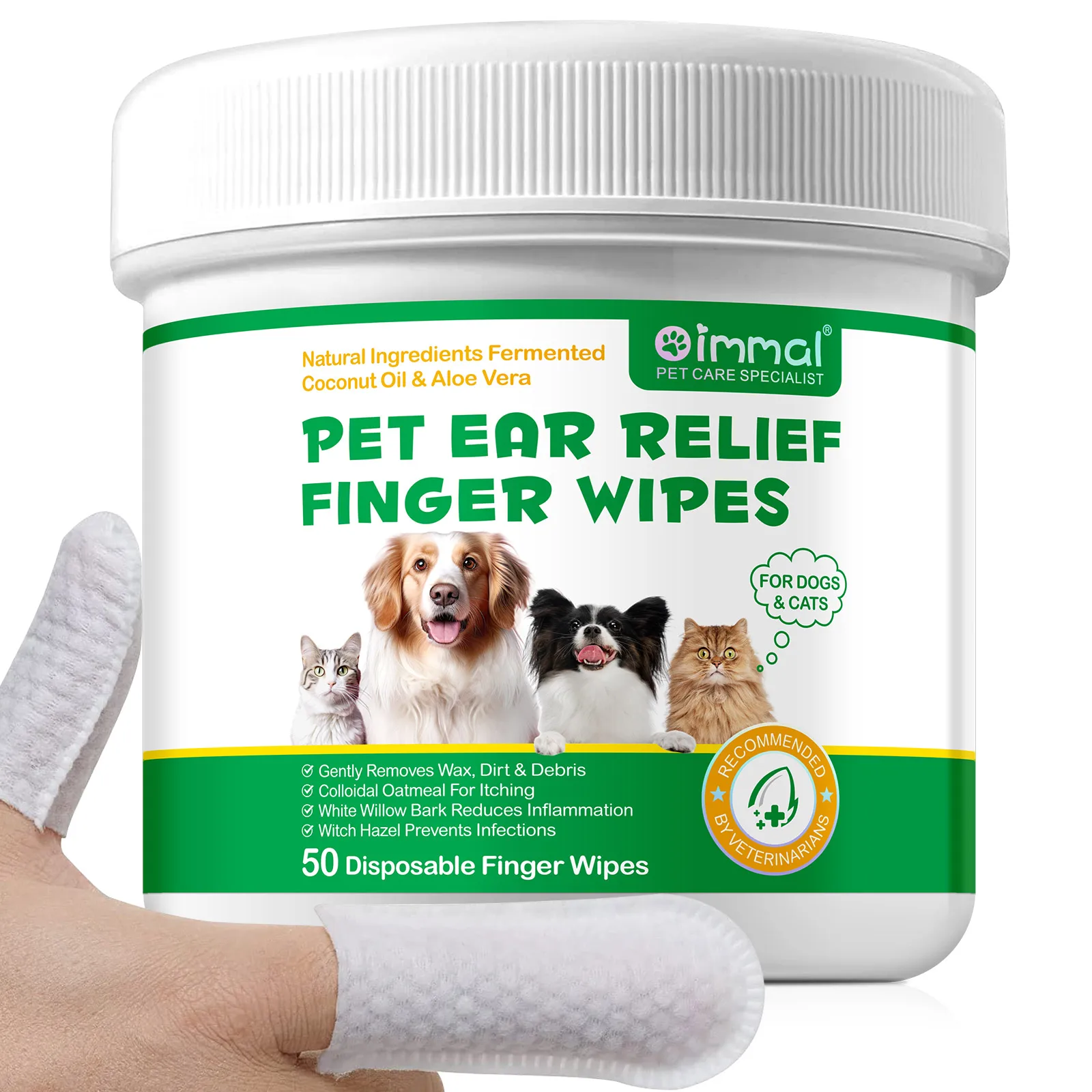 Pet Ear Relief Finger Wipes Natural Ingredients Fermented Coconut Oil and Aloe Vera for Dogs Cats Support Health Clean Pets Ears