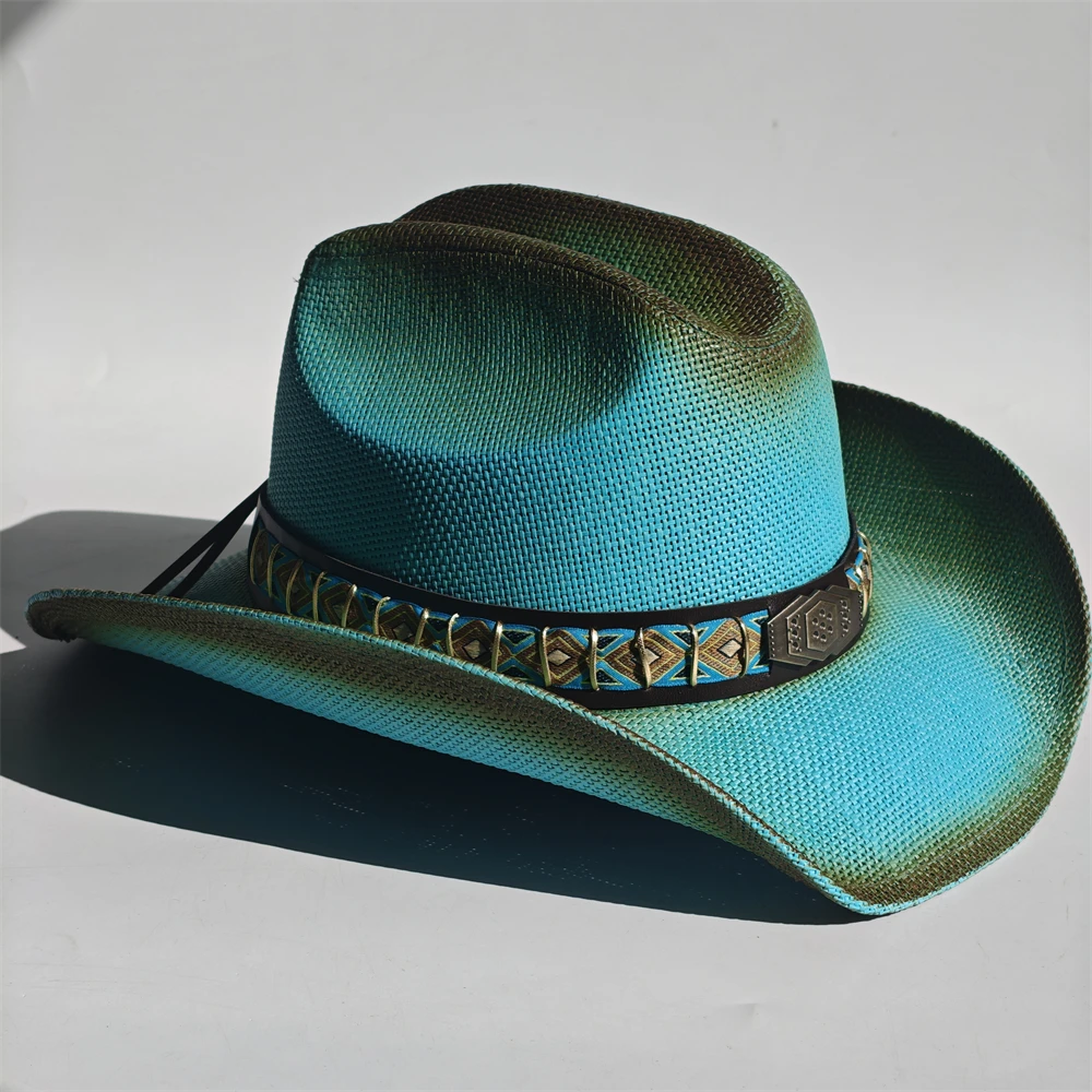 Western-Strohhut mit Farbverlauf für Herren und Damen, gekräuselter Rand, Vintage-Western-Cowboyhut, Sommer-Strand-Sonnenhut, Sombrero Hombre – Detail 17