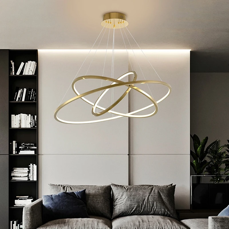 

Large Stainless Steel Ring Lighting Fixture Long Hanging LED Modern Design Gold Chandelier Living Room Hall Staircase Light Art