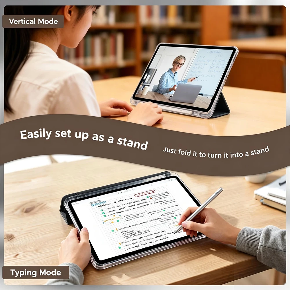 Versatile Clear Tablet Case with Pencil Holder and TPU Hybrid Back Cover
