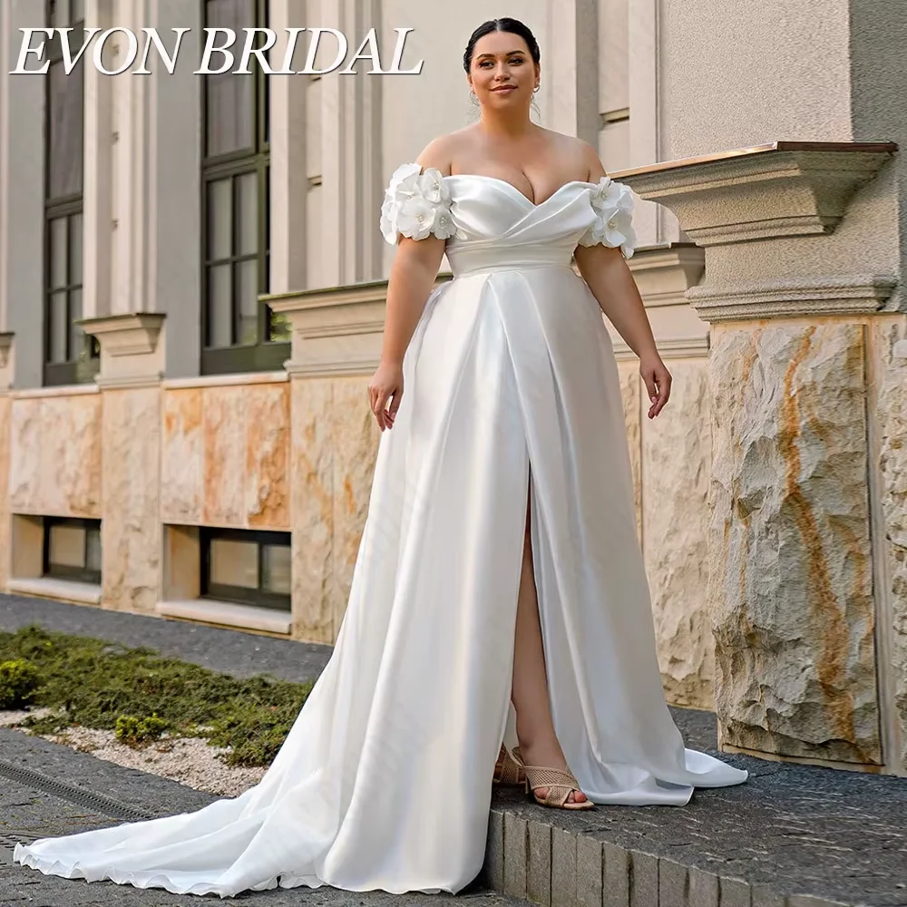EVON BRIDAL Sexy Wedding Dress Plus Size Satin A-Line Lace Up Off Shoulder V Neck Side Split wedding dresses