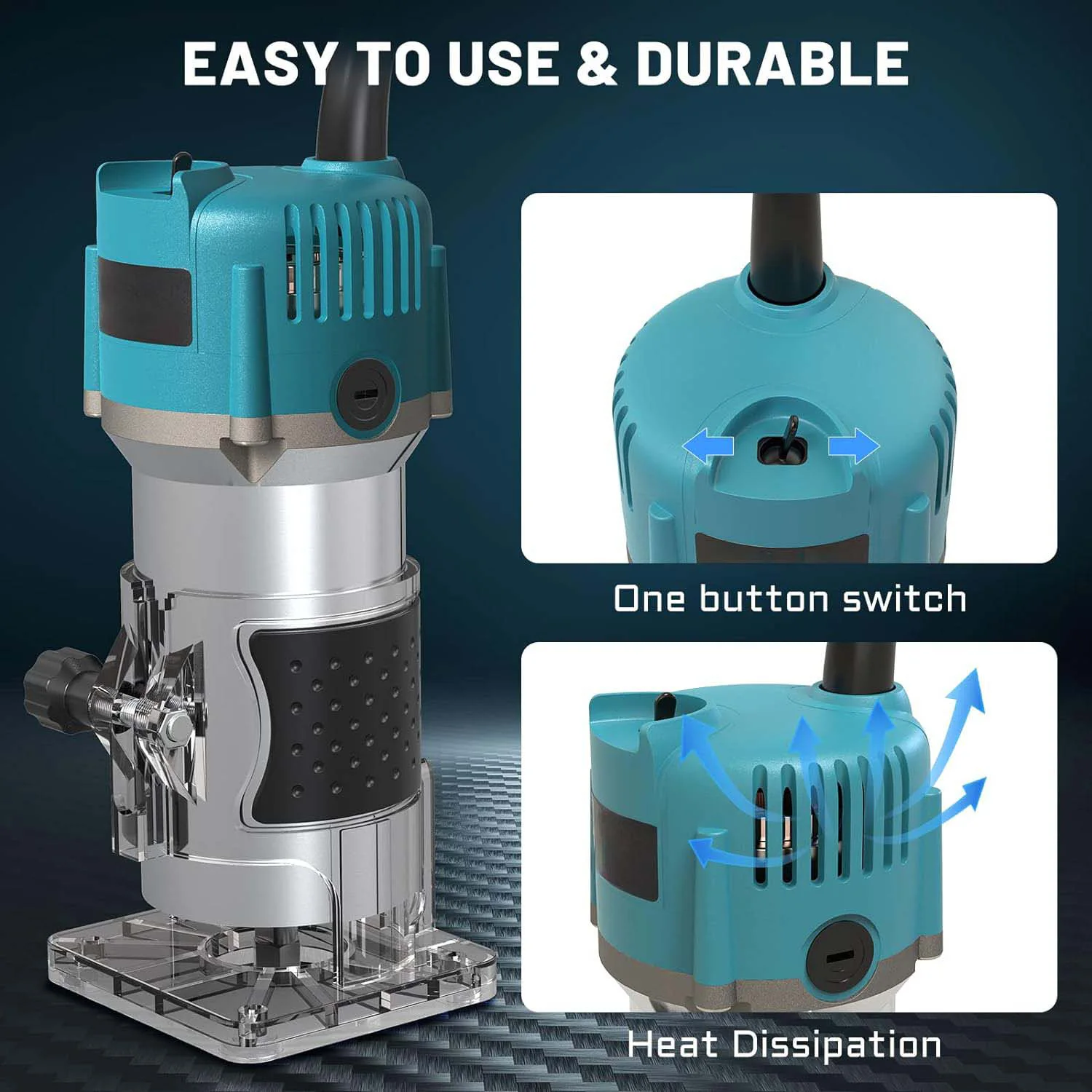 Side view of the woodworking trimmer showing adjustment knob