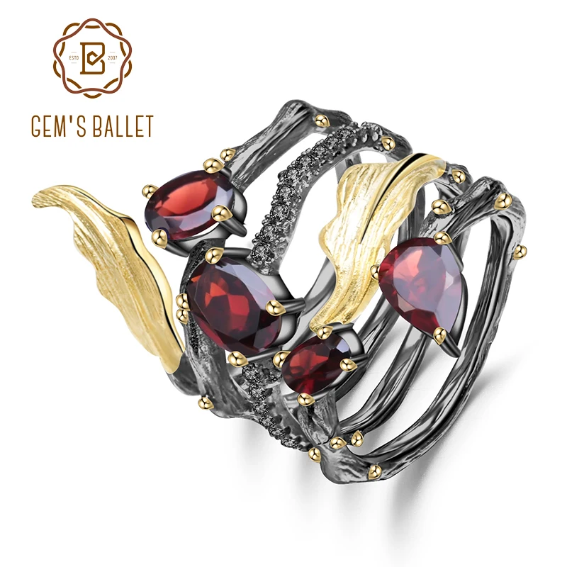 GEM'S BALLET 2.75Ct Natural Red Garnet Gemstone Finger Ring 925 Sterling Sliver Vintage Gothic Rings For Women Fine Jewelry Silver Ring Silver Rings Gemstone Ring