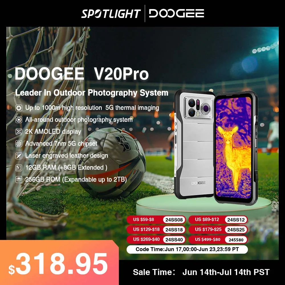

World Premiere DOOGEE V20 Pro Rugged Phone 12GB+256GB 6.43”2K AMOLED Display 1440*1080 7nm 5G Phone Thermal Imaging Cellphone