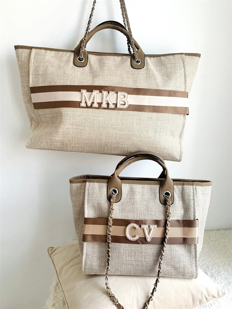 

Large Luxury Beige Brown Customized Monogram Tote Bag, Canvas Chain Beach Shopping Tote Bag, Personalized Weekend Hand Bag