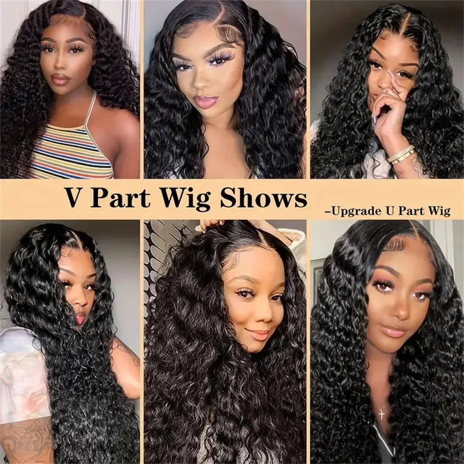 Human Hair Wigs V Part Wig Water Wave Human Hair V Shape 180% Density Natural Color Part Wig Curly 18-32 Inch Brazilian Wigs Machine Made