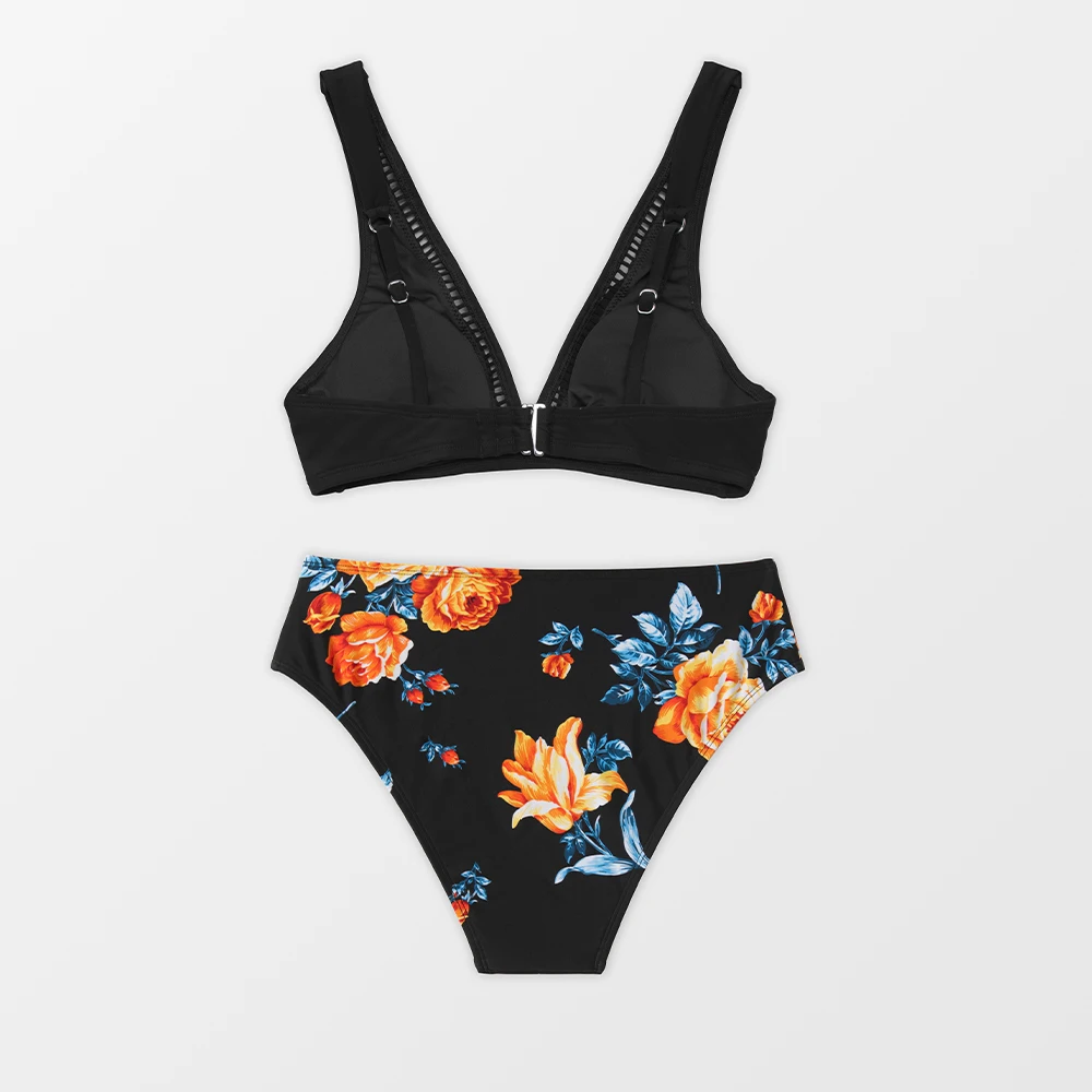SEASELFIE Floral Plunge Back Hook Mid Waist Bikini Sets Swimsuit For Women Sexy Two Pieces Swimwear 2023 Beach Bathing Suit