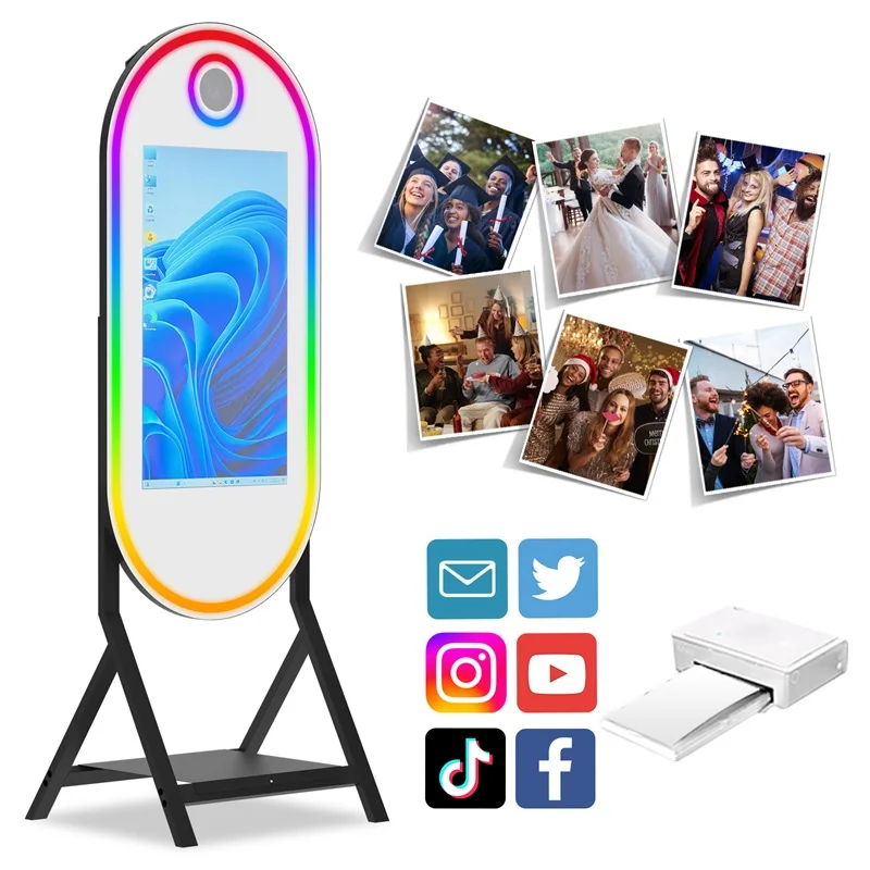 Four-corner oval touch screen magic mirror photo booth for wedding parties, equipped with mini computer and flight case, selfie Adf16d5ca10484688af257a98a7b26f05u