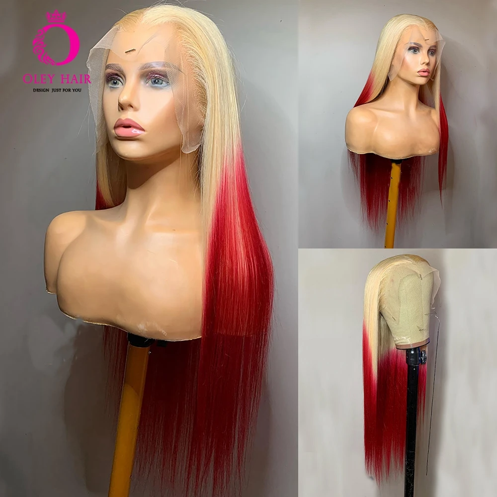 

Blonde Ombre Red Colored 30 Inch Straight 13x4 Synthetic Lace Front Drag Queen Pre Plucked Cosplay Wigs For Black Women 180%