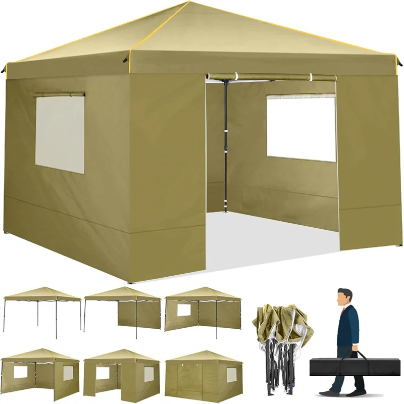 10x10ft Pop Up Canopy Gazebo Tent Awning With Mesh Window 4 Sidewall Carry Bag 4 Stakes Ropes For Party Event Garden Courtyard — Dark Khaki