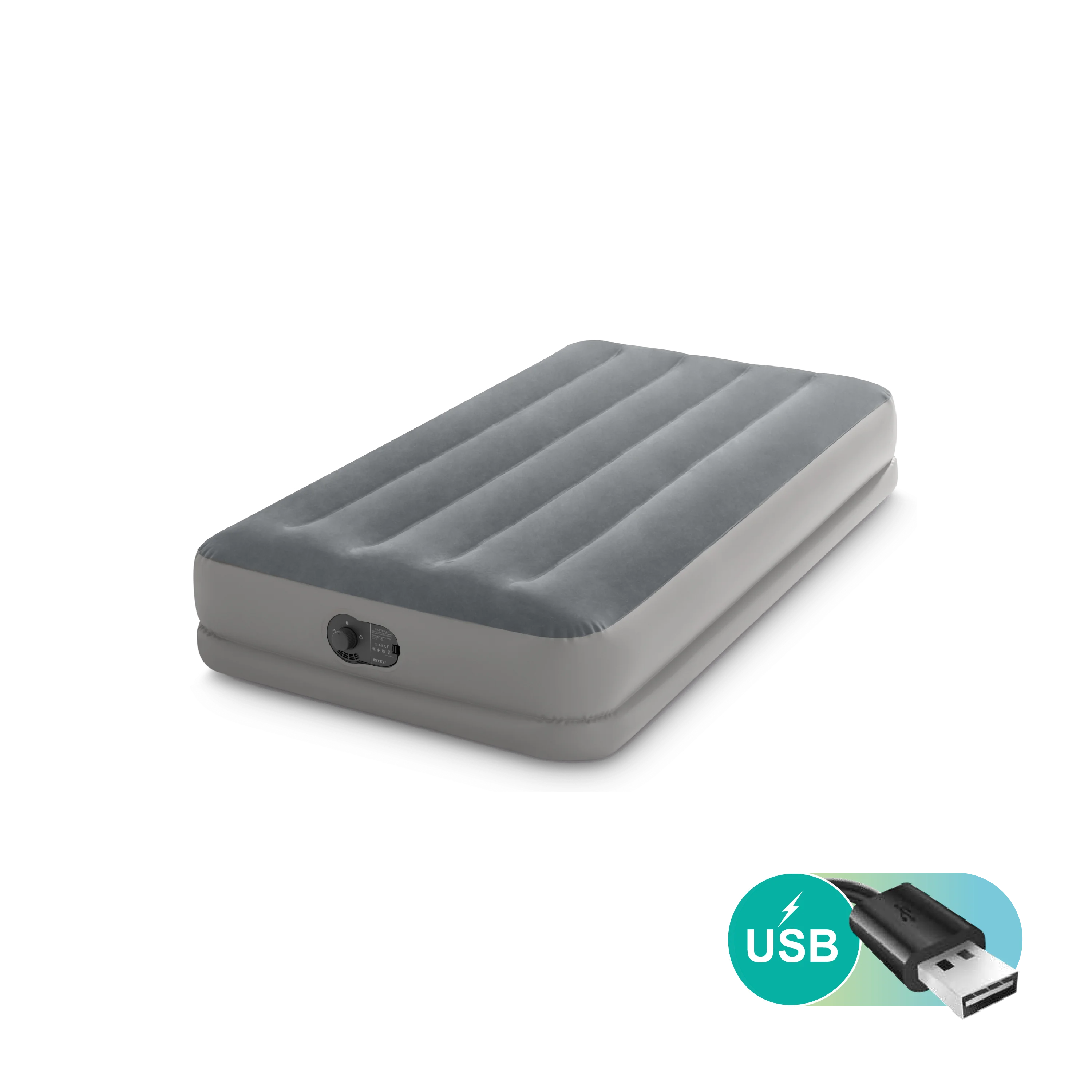 Intex 64112 - Materasso Gonfiabile Prestige Mid-Rise Singolo, con Pompa USB incorporata, PVC, Grigio, 99x191x30 cm