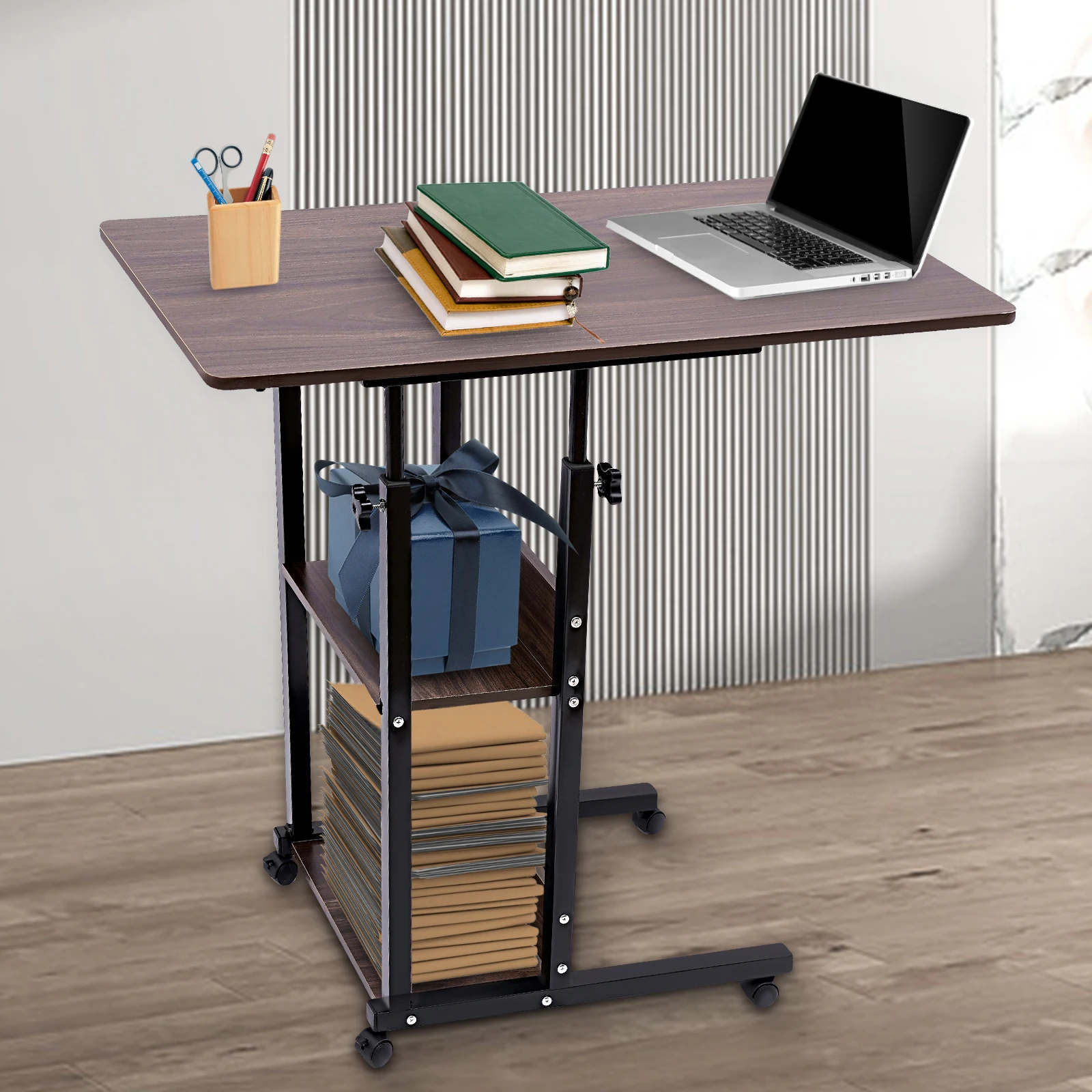 C-Shaped Side Table Adjustable, Height Adjustable C Table with Wheels and Storage Shelves for Couch Bed Recliner Density Board 3