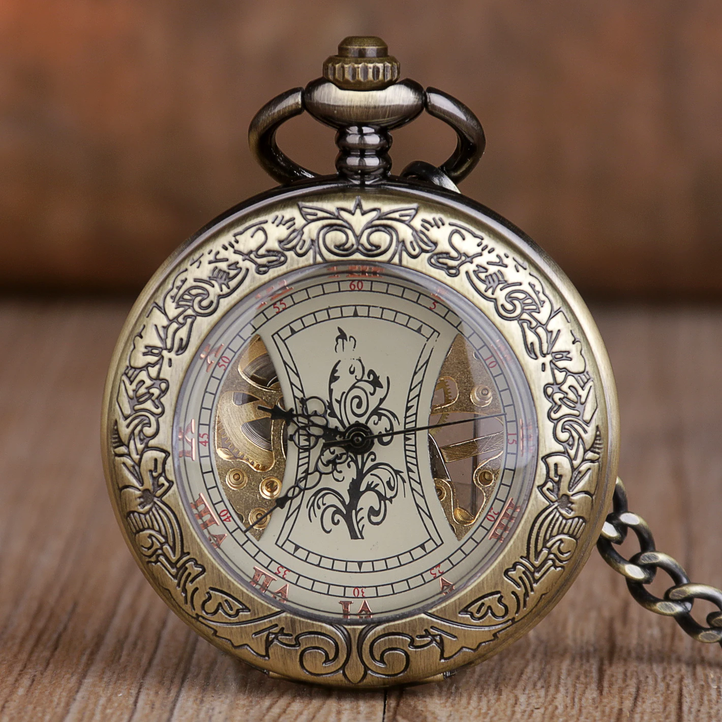 

Vintage Charm Fashion Pocket Watch For Men Women Mechacnical Hand-winding Fob Clock Roma Amber Dial Pendant Watch Chain Gift