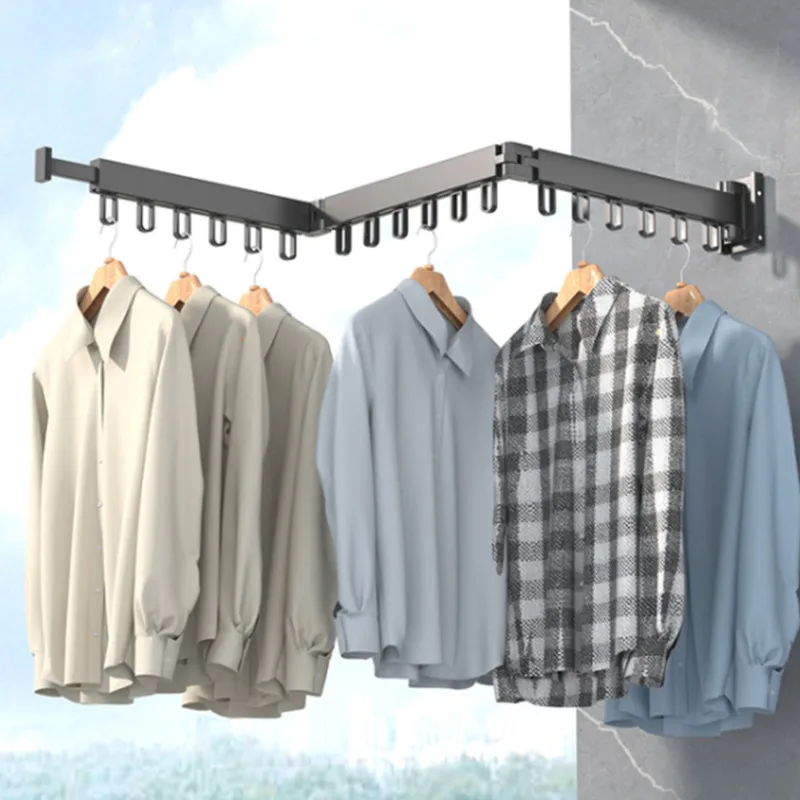 1PC Folding Cloth Hanger Wall Mount Retractable Quilt Drying Rack Indoor Outdoor Space Saving Aluminum Home Laundry Clothesline
