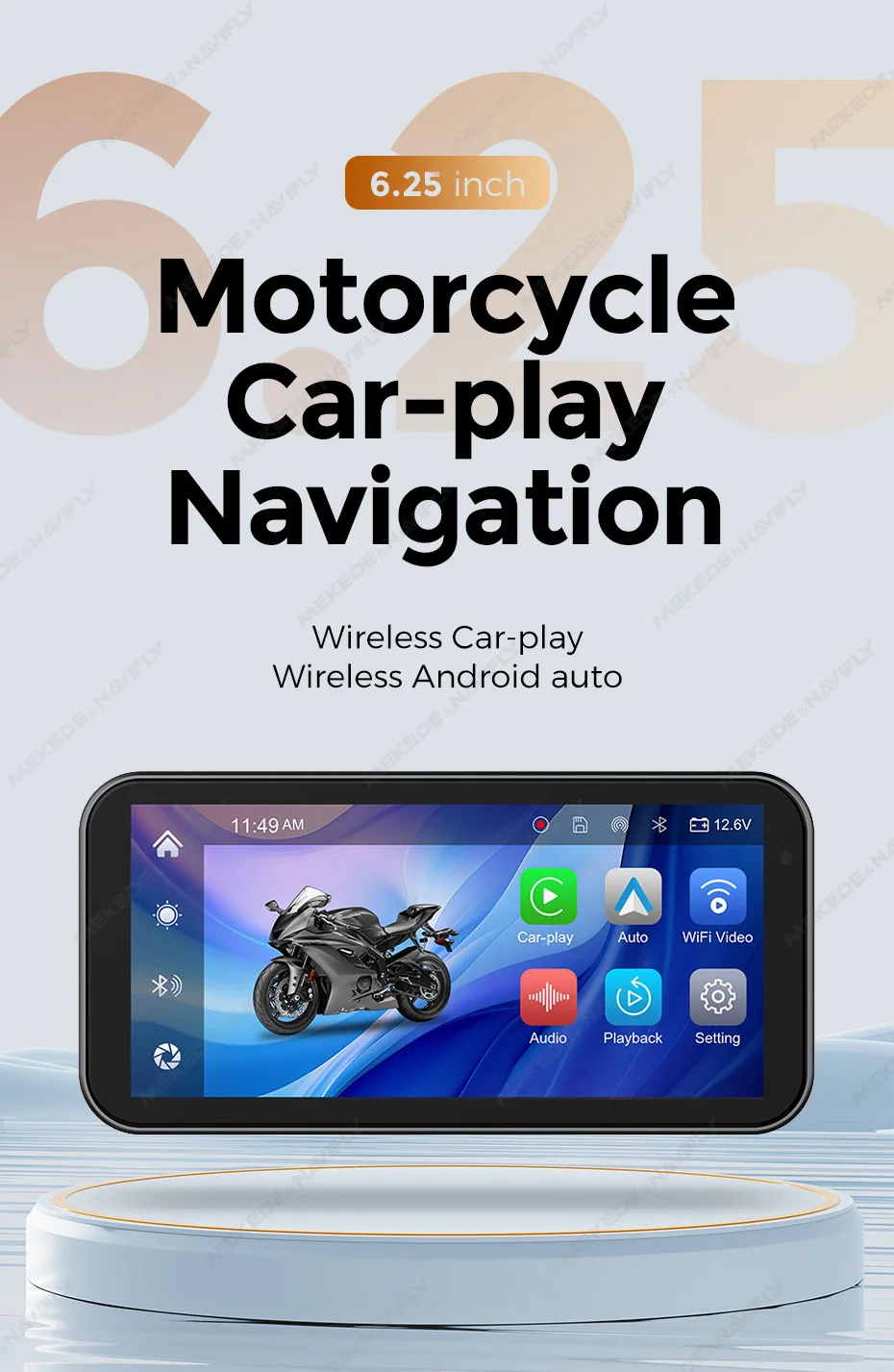 MEKEDE 6,25 "Tragbare Motorrad GPS MOTO Navigation Drahtlose Carplay Android Auto Wasserdicht Bildschirm DVR Stick Recorder Monitor – Detail 5