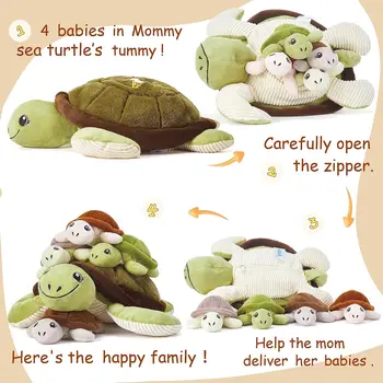 IKASA Mommy Sea Turtle Stuffed Animal Mom and Baby Plush Toy, Cute 15" Soft Small Mama Family Set with Little Babies 2