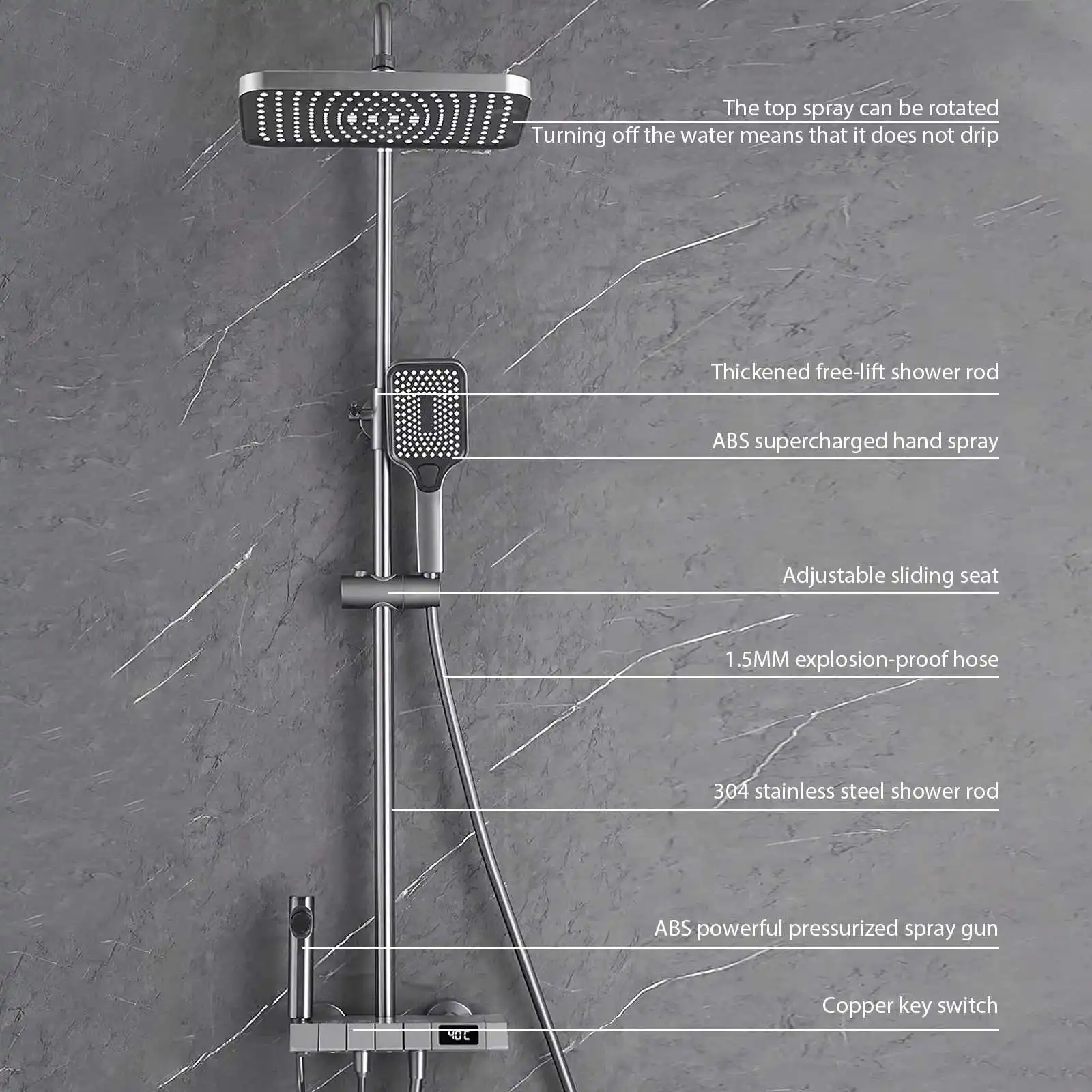 Smart Digital Display Dusche Wasserhahn Set Klavier Stil Regen Badezimmer Dusche System Grau Digital Mischbatterie Bidet Dusche – Detail 9