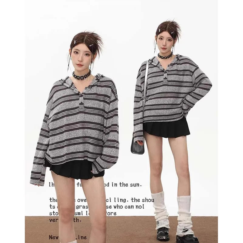 

Женский свитер с капюшоном в американскую полоску, осенне-зимние теплые вязаные Джемперы оверсайз, топы, женские повседневные пуловеры