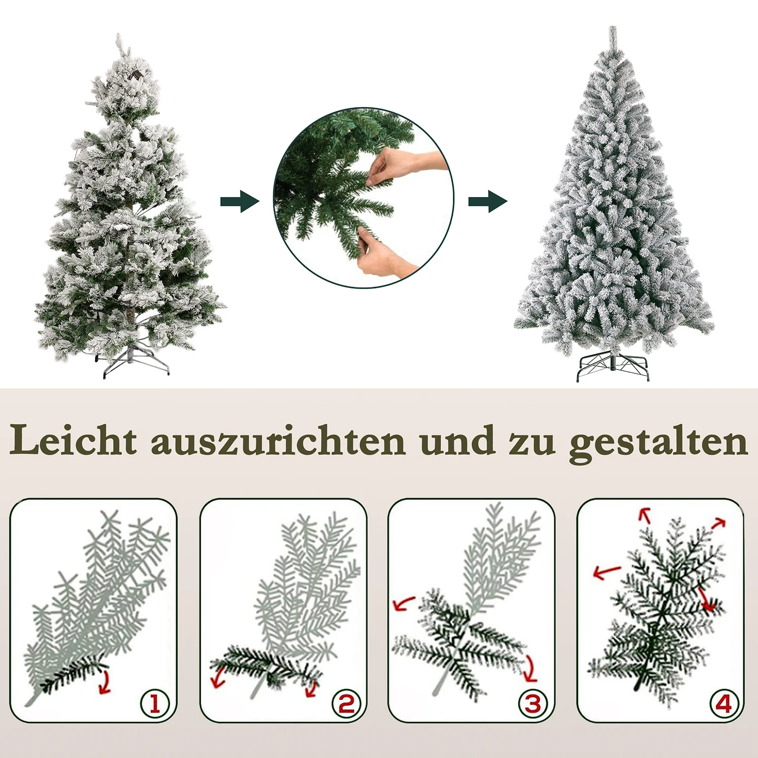180 cm weißer Schnee-Kunstkerbaum mit 1006 Spitzen, Metallständer, 100 % PVC, faltbar und Neujahrsdekoration für drinnen und draußen – Detail 6