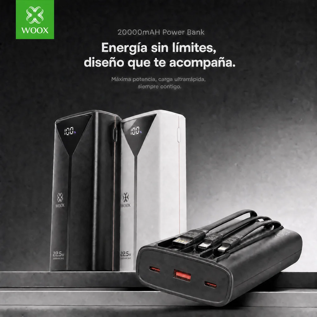 Banco de Energía de 20000mAh, Batería Portátil con 3 Cables Integrados USB, Tipo C, Compatible con IP y Smartphones