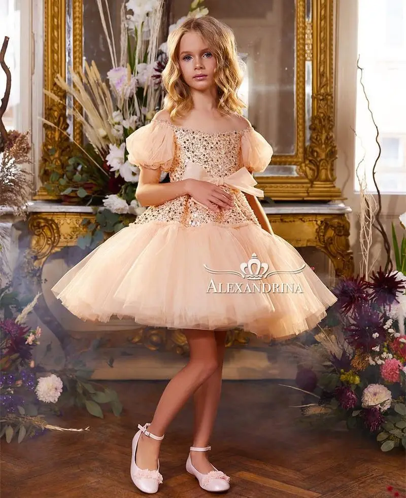 

Пайетки цвета шампанского 2023, платья для девочек с цветами для свадьбы, детское платье с прозрачным воротником для вечеринки, первого причастия, платья на день рождения, конкурсные платья