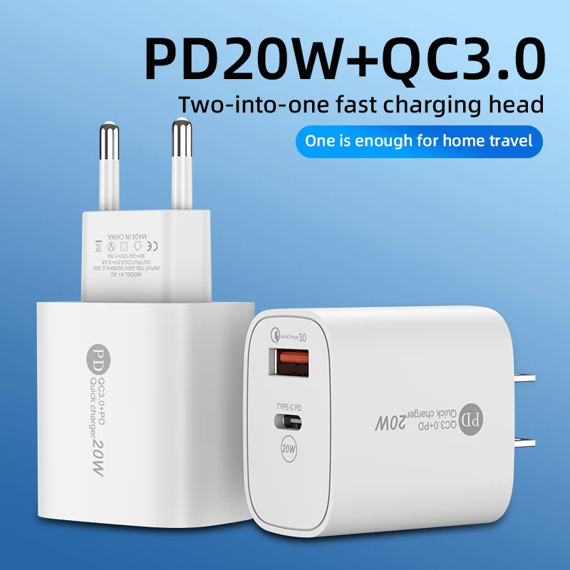 EU US 20W Dual Ports Type c USB C PD QC 3.0 Wall Charger Fast Quick Charging Power Adapters For IPhone Samsung Xiaomi Huawei