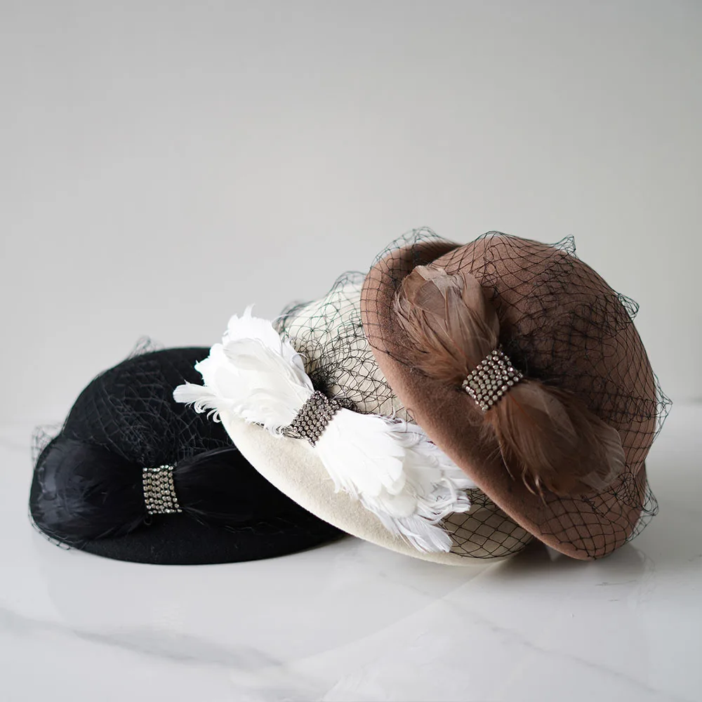 Hot Sale Womens French Style Feather Bow Fansitor Veil Wool Felt Dress Winter Beret Pillbox Hats Event Church Tea Party_autovado.com