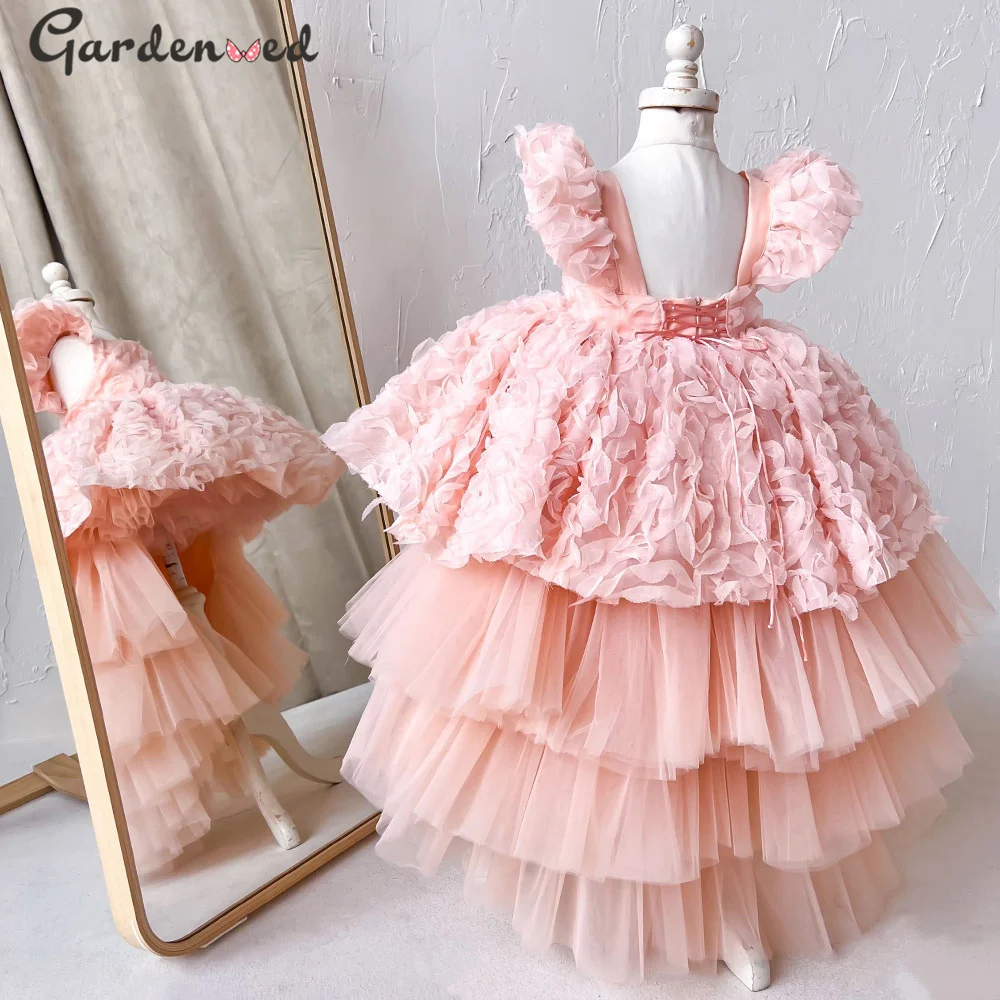 

GardenwedLong Trailing Flower Girl Dresses Princess Sleeves Girl Birthday Party Dress Pink Glitter Girl Dress Girl Evening Dress