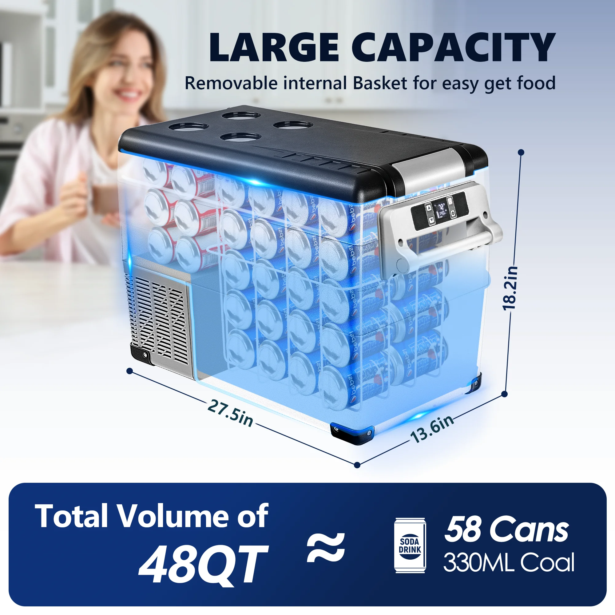 12 Volt Car Refrigerator,47QT(44L) Electric Cooler,Portable Freezer 12/24V DC 110-240V AC for Camping, Travel,Home