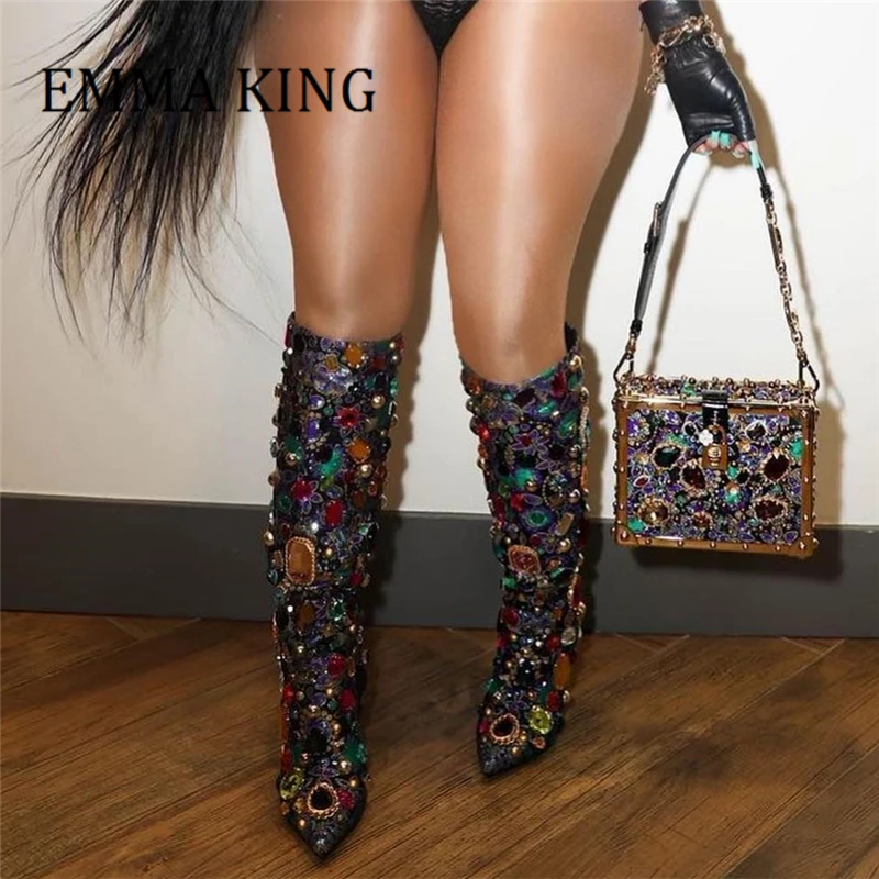 

Women Luxury Gemstone-embellished Knee-height Boots Sexy Pointed Toe Stiletto Heel Botines Mujer Sexy Ladies Runway Party Shoes