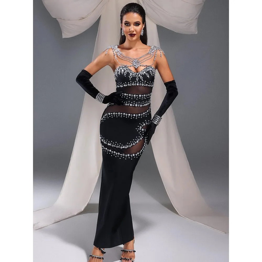 

High quality black fashionable one shoulder slim long dress 2023 rayon diamond mesh celebrity party dress