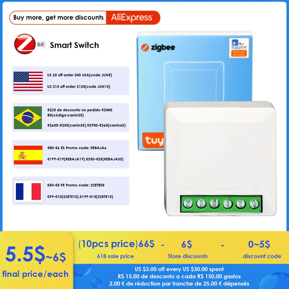 Zigbee Mini Switch 1 Gang Interruttore Luce Di Controllo A 2 Vie Supporto Alexa Smartthings/Echo/Ewelink/Tuya Hub Assistente Domestico Integrato