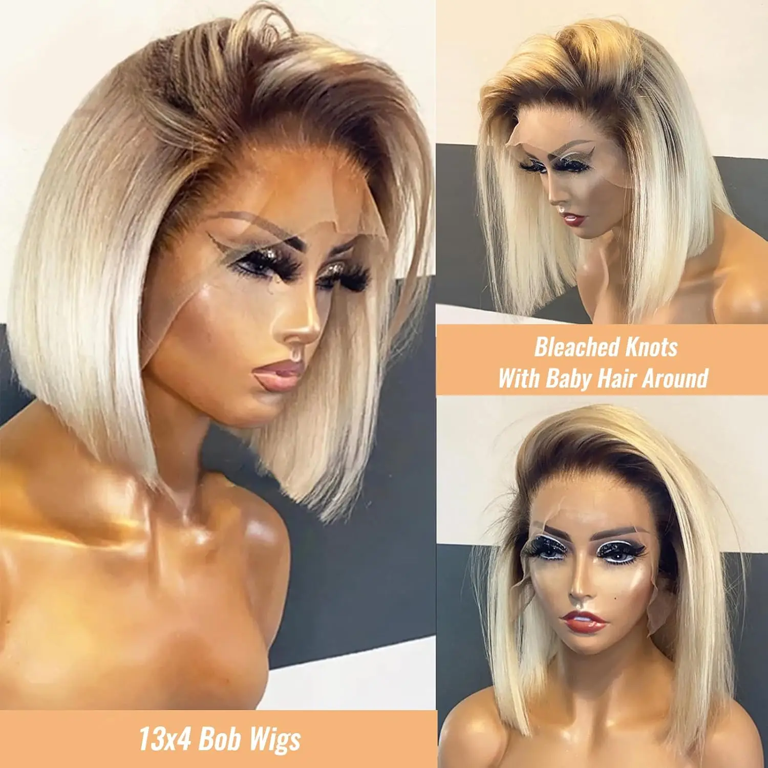 4/613 Blonde Short Bob Wig Front Human Hair Wigs 13X4 Honey Blonde Dark Root Colored Short Bob Lace Frontal Wig Transparent Lace