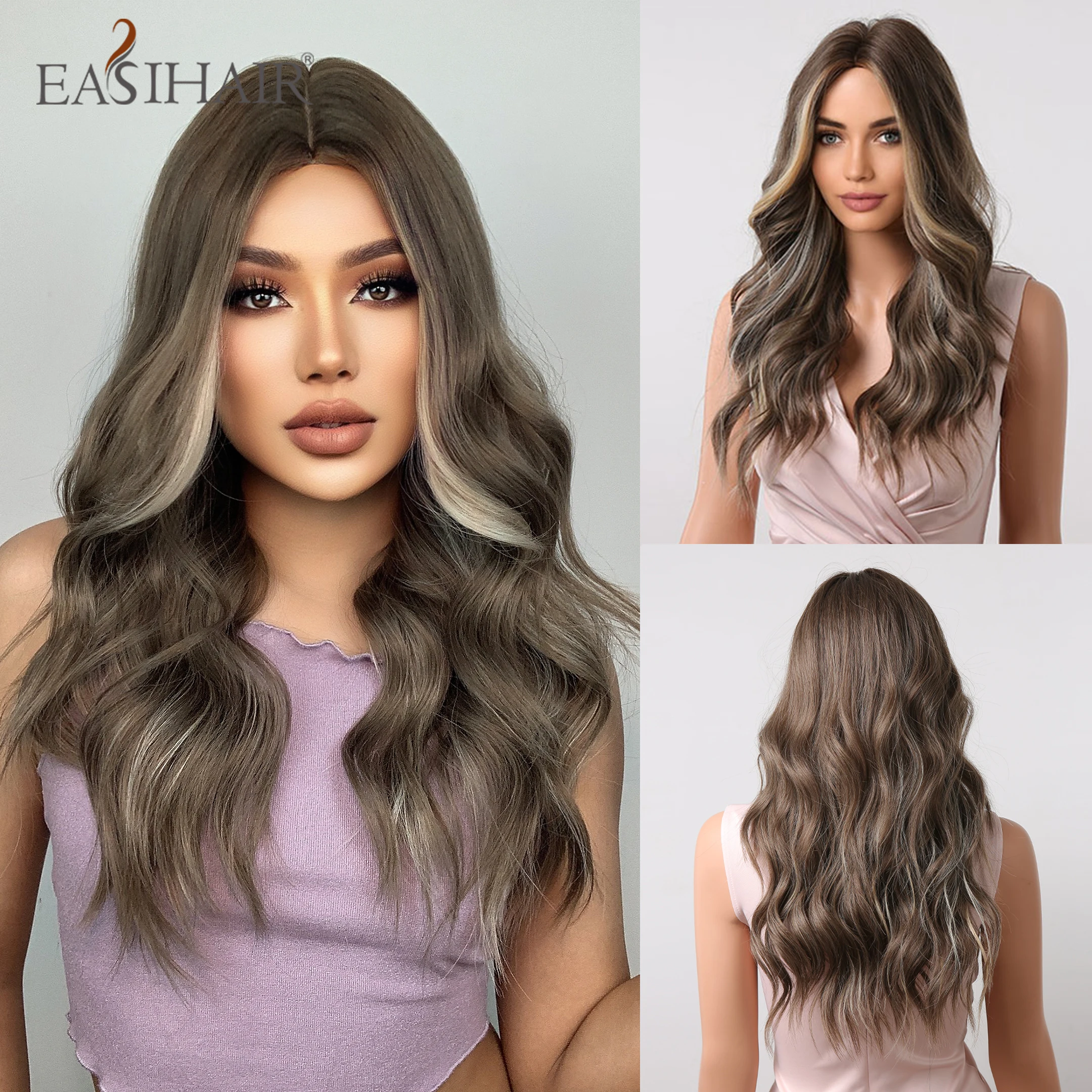 

EASIHAIR Long Wavy Brown Synthetic Wigs Middle Part for Women Blonde Highlighted Natural Hair Wigs Heat Resistant Cosplay Wigs