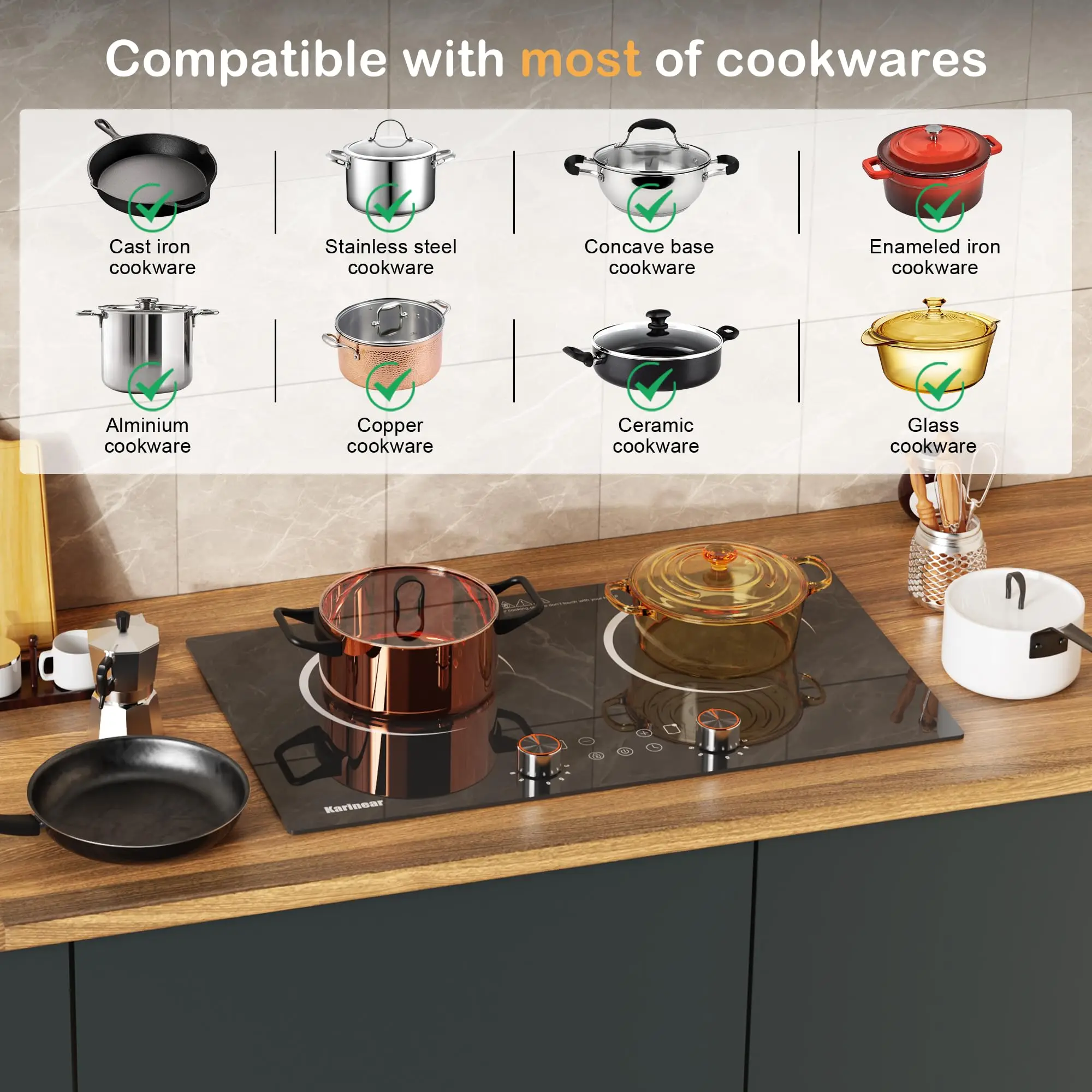 Karinear Electric Cooktop 2 Burner, 110V Electri Stove Top, 2000W Knob Control & Sensor Touch Electric Hot Plate for Countertop or Built-in Install, Timer, Safety Lock, 9 Power Level, 24 Inch 5