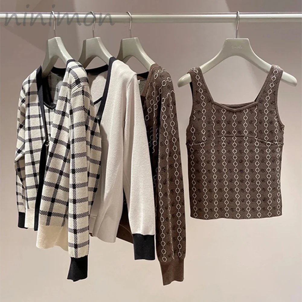 

NINIMON Two Piece Set Knitted Cardigans and Knitted Vests Long Sleeve Ribbed Knitted Sweater Houndstooth Women Suits Chic Tops