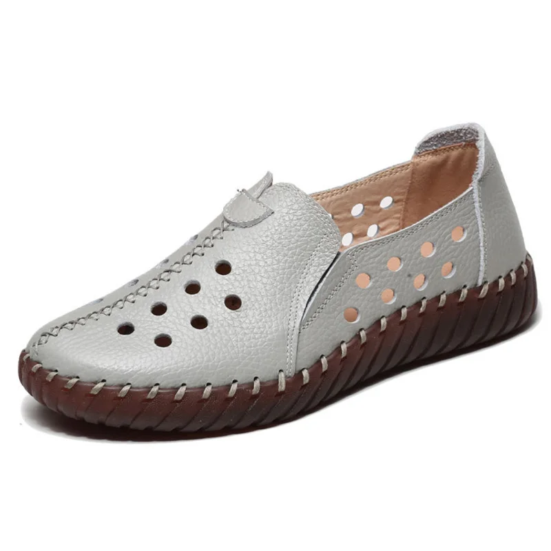 Echtleder-Sandalen mit Ausschnitten für Damen, weiße Ballerinas, Damen-Slip-On-Loafer, Damen-Krankenhaus, bequeme Krankenschwesterschuhe, flache Mutter-Sandale – Detail 27