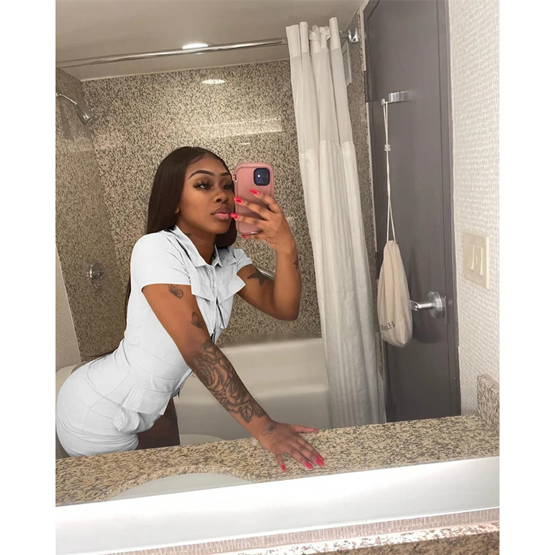 Women Solid Cargo Playsuits 2023 Summer Turn Down Collar Short Sleeve Zip Up Multi Pockets Shorts Jumpsuit Fashion Casual Romper