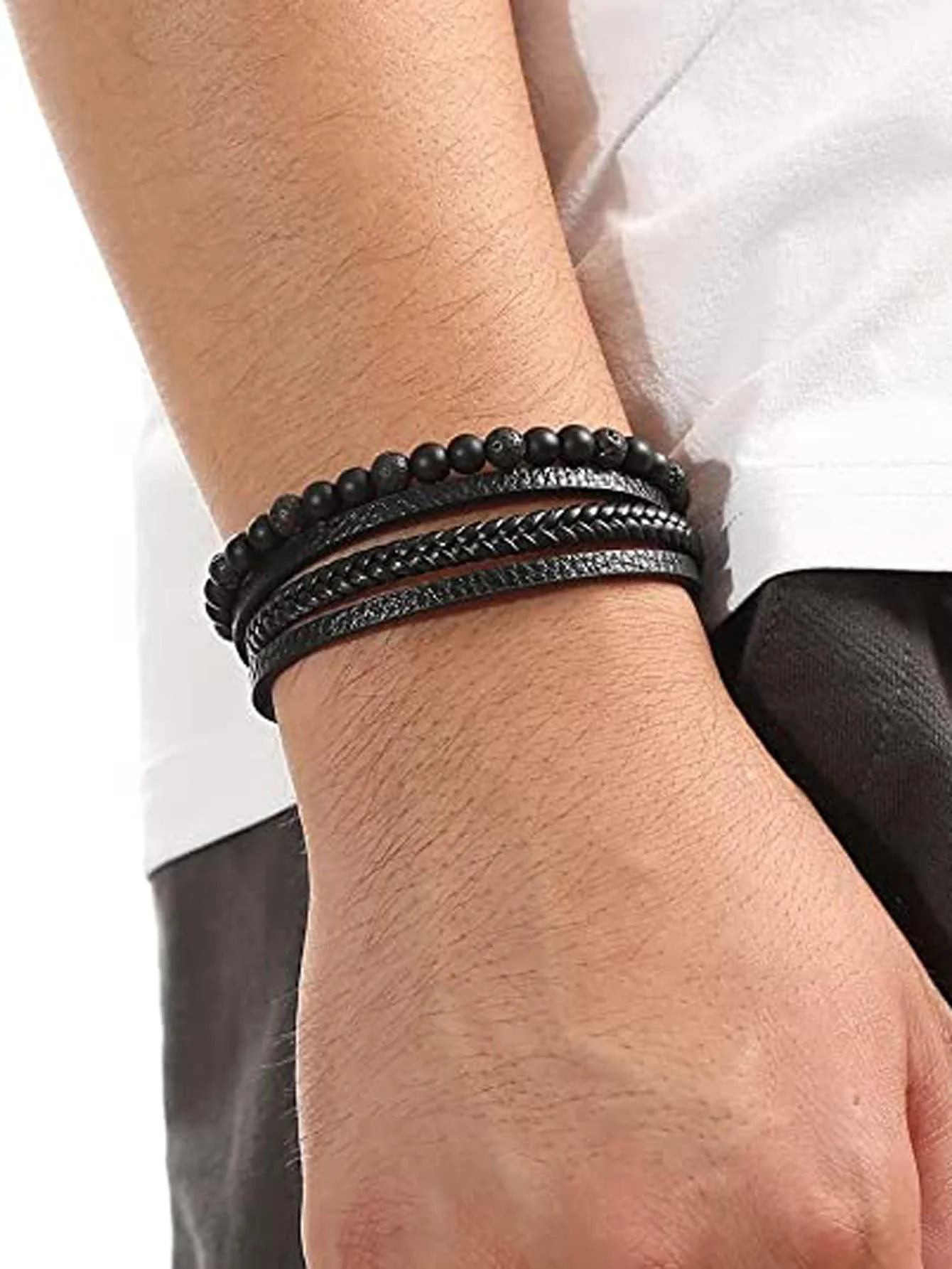 Vintage Men's Natural Stone Lava Matte Black Onyx Multi-Layer Leather Beaded Bracelet leather bracelet beaded bracelet stone bracelet
