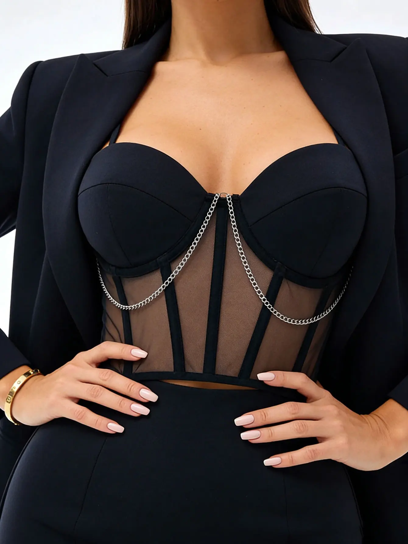 Chain Bustier Corset styled as a waist-defining outerwear piece