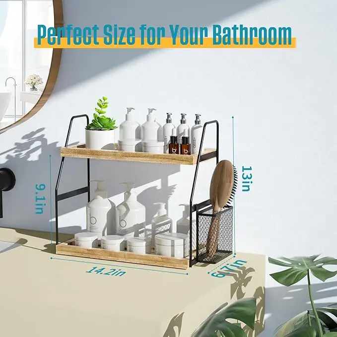 2-tier wooden countertop organizer – with basket, for bathroom/kitchen 4