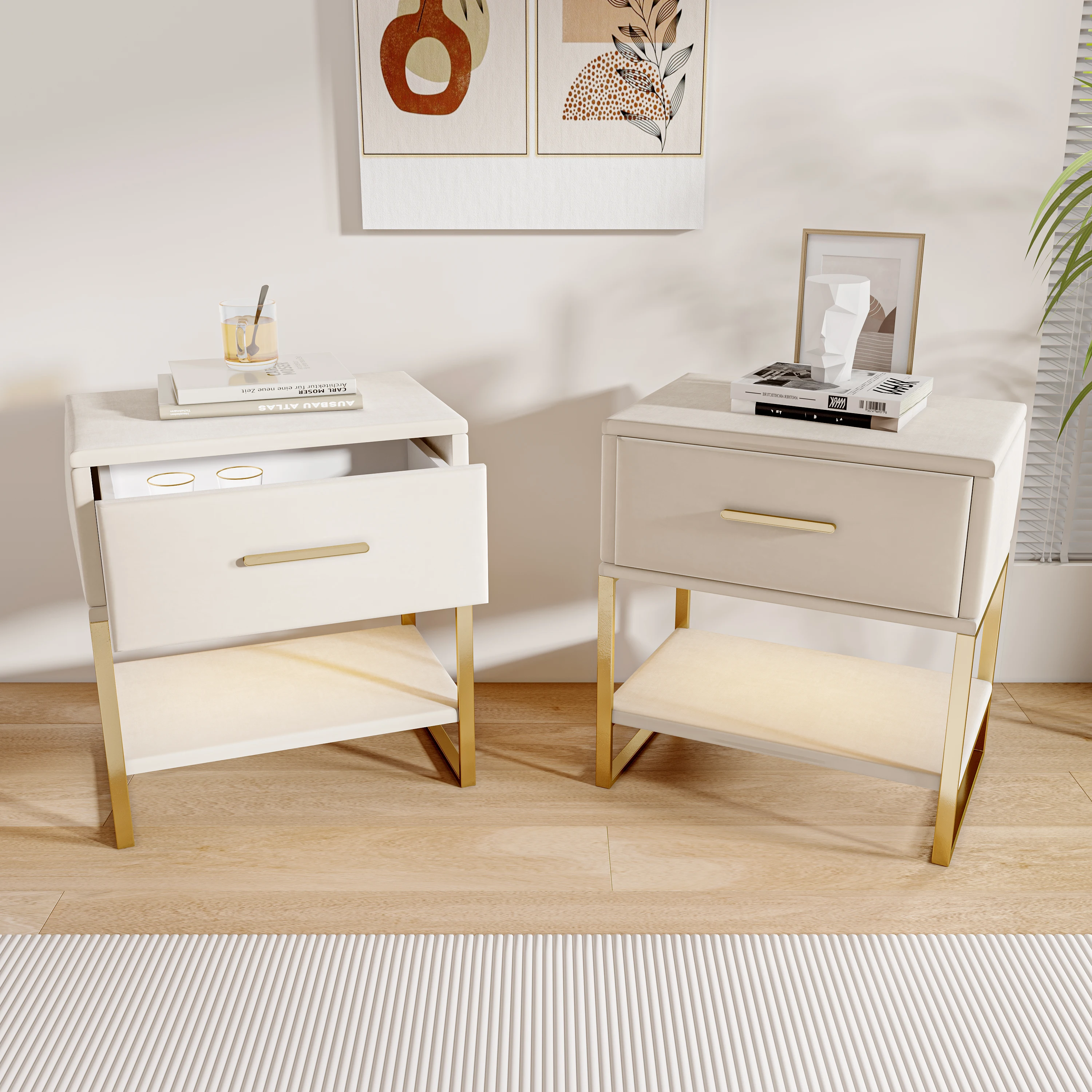 Rosahqnd Nachttisch mit 2 Schubladen, 2er-Set Sofatisch mit Metallfüßen, für Wohnzimmer, Schlafzimmer, Weiß – Detail 7