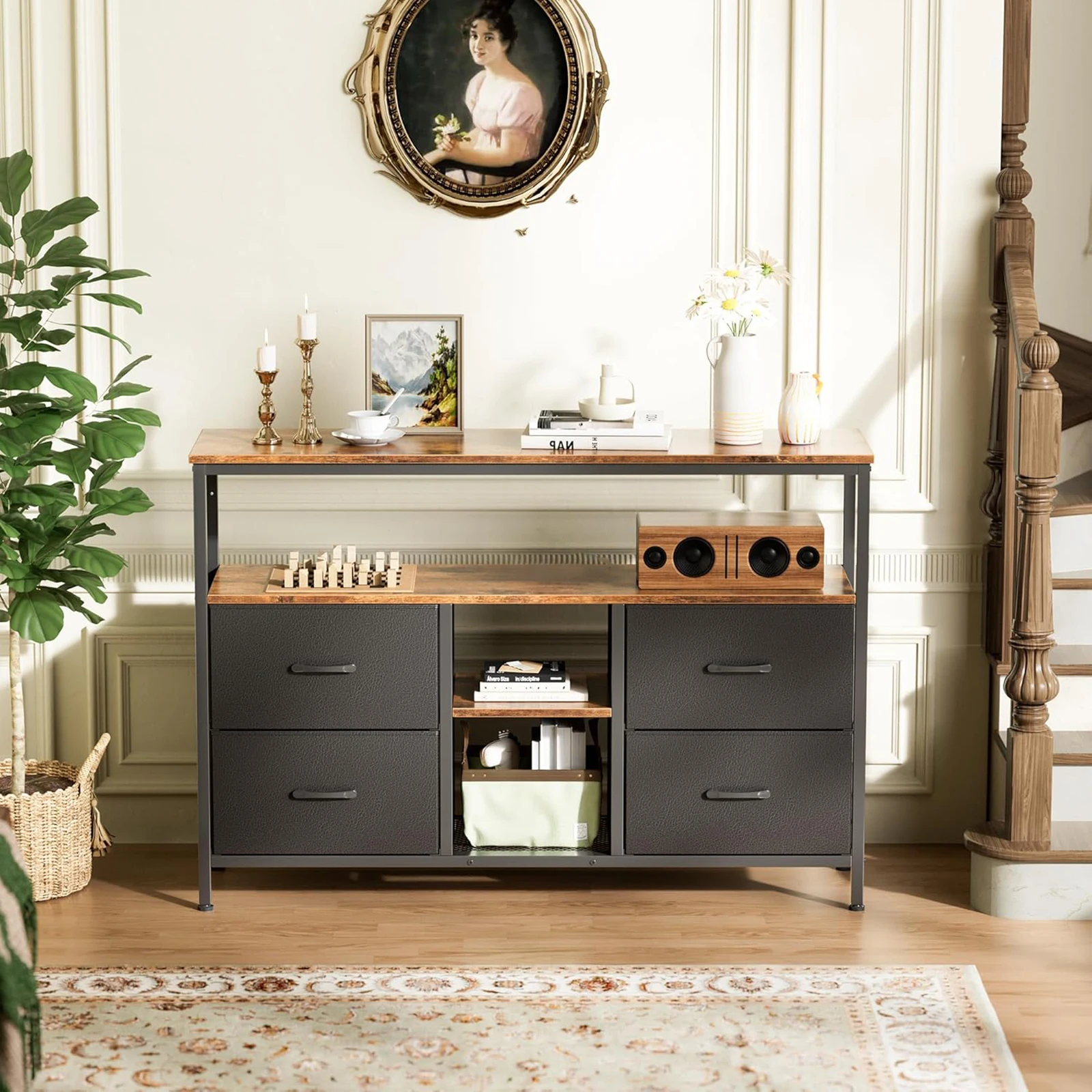 Anajqaqia 137 cm Sideboard mit 4 Stoffschubladen, TV-Ständer, Aufbewahrungsschrank, Metallrahmen, Holzplatte, für Wohnzimmer und Schlafzimmer – Detail 6